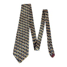 John Henry Mens Vintage Silk Necktie 57 X4 Zig-Zag Abstract Print Blue Gold