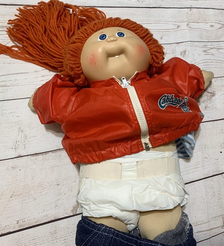 Cabbage Patch Puppe rote Haare Kopf #52 1 Zahn 2 Grübchen Windelkleidung Vintage - Bild 5 von 10