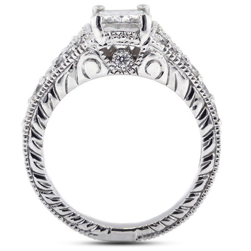 2.07ct G VS2 Cushion Natural Diamonds 18k White Gold Vintage Side-Stone Ring - Picture 9 of 13