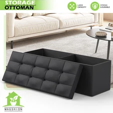 43" Black Storage Ottoman Rectangular Upholstered PU Leather Seat Lift Top Stool