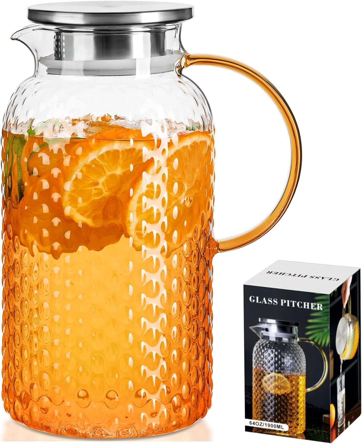 64oz Borosilicate Glass Pitcher with Lid and Handle – 1.9L Heat-Resistant