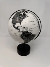 Black and White Metal Globe with Black Base - 8” Diameter