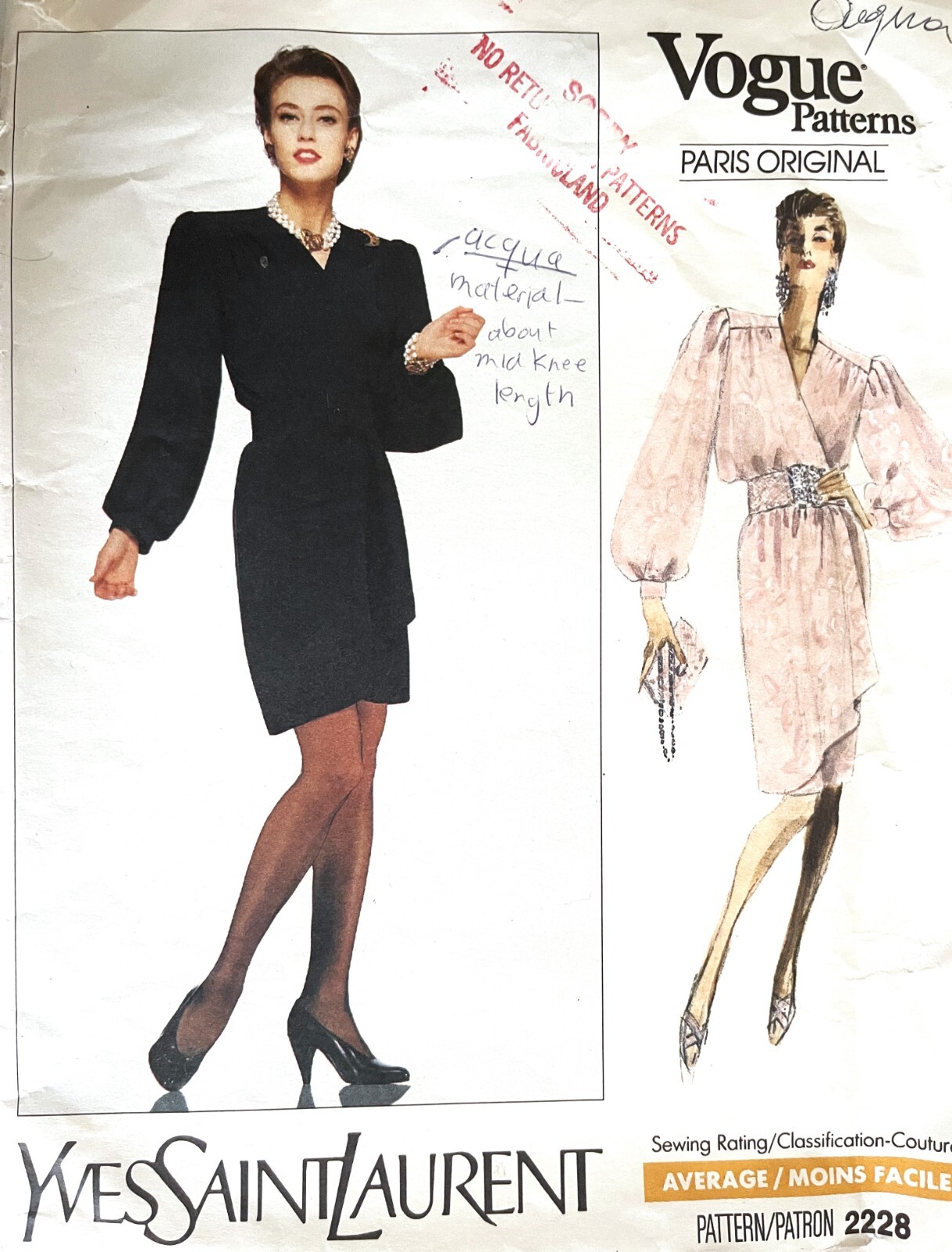 Abito originale Vogue Paris anni '80 motivo Yeves Saint Laurent 2228 taglia 10