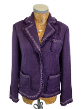 Dialogue Blazer Jacket Small 10 Purple Fringed Snap Velvet Ribbon Midi Wool New