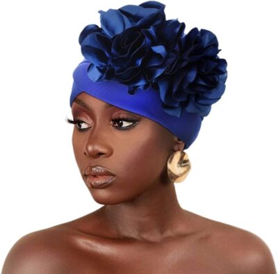 Urieo Flower Turban Head Wrap Vintage Headwrap Hats Elastic Beanie Blue 