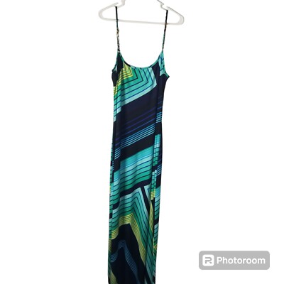 Cache Stretchy Maxi Dress Spaghetti Straps Blue/Green Geometric Print Size XL