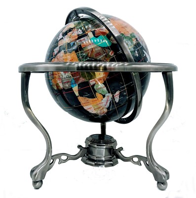 Collector Edition! 14'' Black Pearl Swirl Gemstone globe w/ Tripod Zinc Alloy Std
