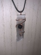 Handmade Selenite Stick Smokey Quartz Bead Pendant Pure Copper Wire Necklace