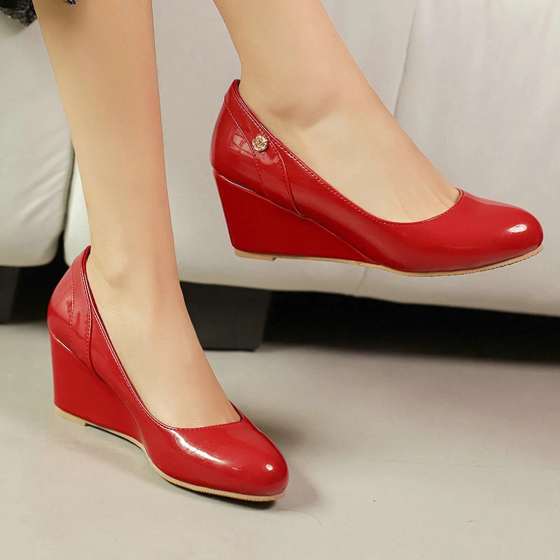 Womens Slip On Pumps 6.5cm High Wedge Heel Shoes Round Toe Patent Leather Ladies - Image 2 of 4