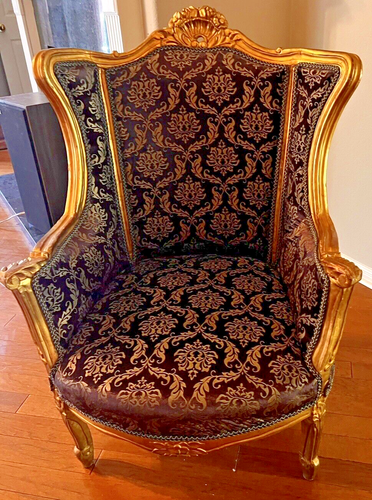 Hollywood Glamour Louis XV Style Gilt Wing Chair (A) Purple Damask Velvet 1960s - Picture 9 of 24