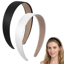 2 Pcs Satin Headbands for , 1.18 Inch Wide Non Slip Hair Bands Solid White Bl...
