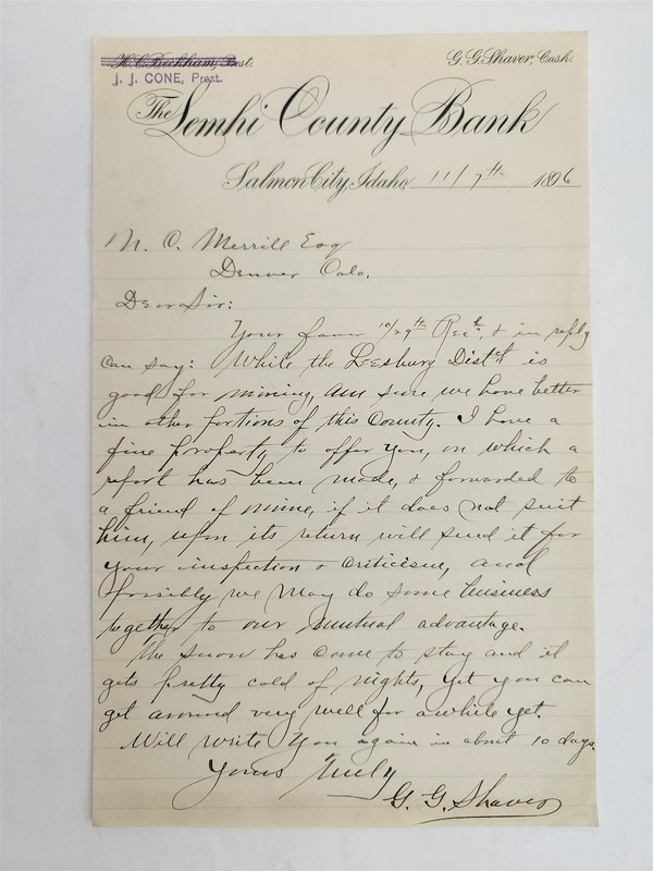 1896 antique LEMHI COUNTY BANK salmon city id LETTER N. C. MERRILL mining