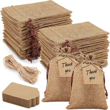 100 Pcs Drawstring Burlap Gift Bags 4X6'' with Tags, Dark Brown