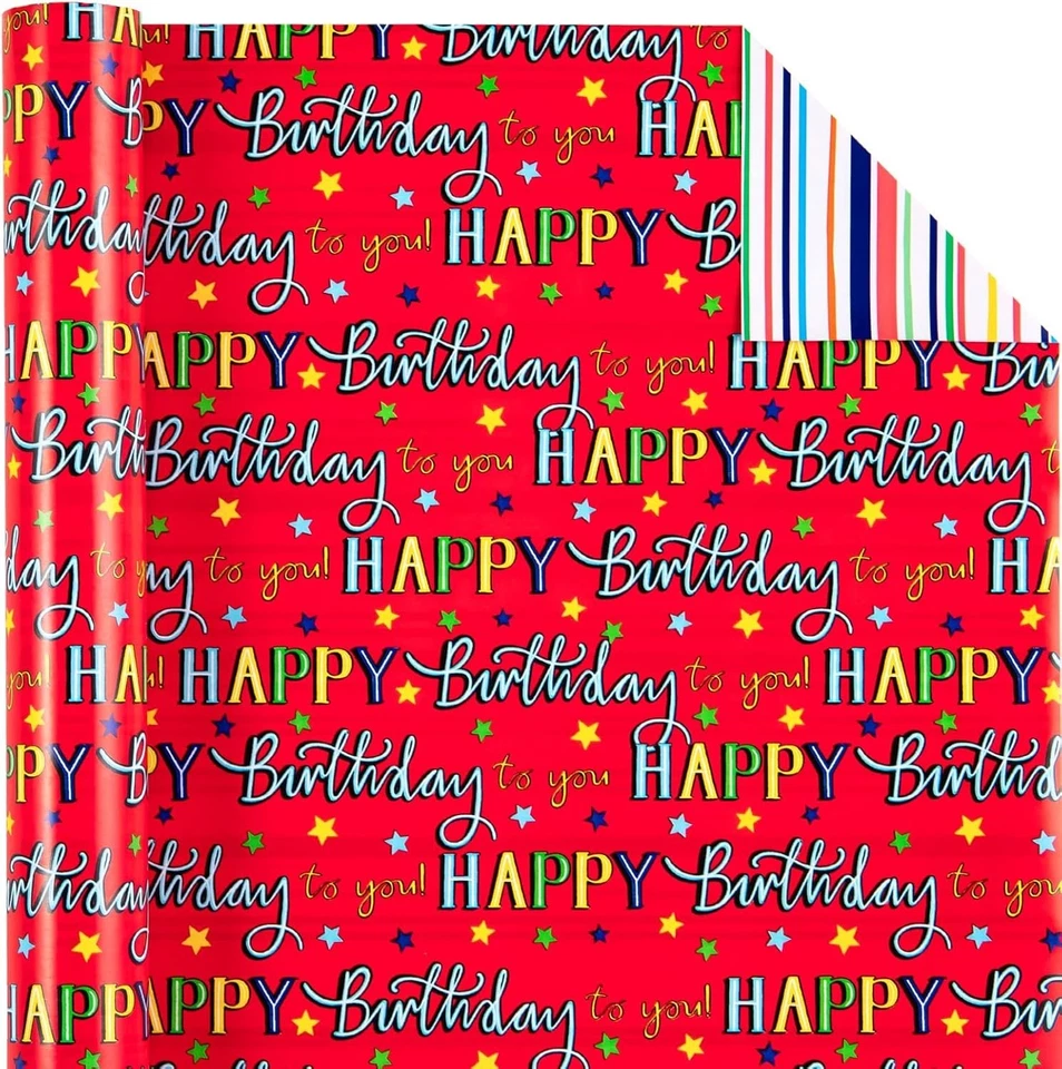 Rolo de papel de embrulho reversível para aniversário - Mini rolo - 17 polegadas X 10 pés - Red Ha - Imagem 2 de 4