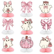 9 Pcs Pastel Halloween Table Decor – Pink Ghost Face Centerpieces