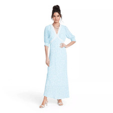 RIXO X TARGET Maxi Dress Floral Puff Sleeve Lace Inset Swing Blue White 16