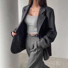 Women's Long Striped Blazer Casual Business Slim Fit Long Sleeve Coat