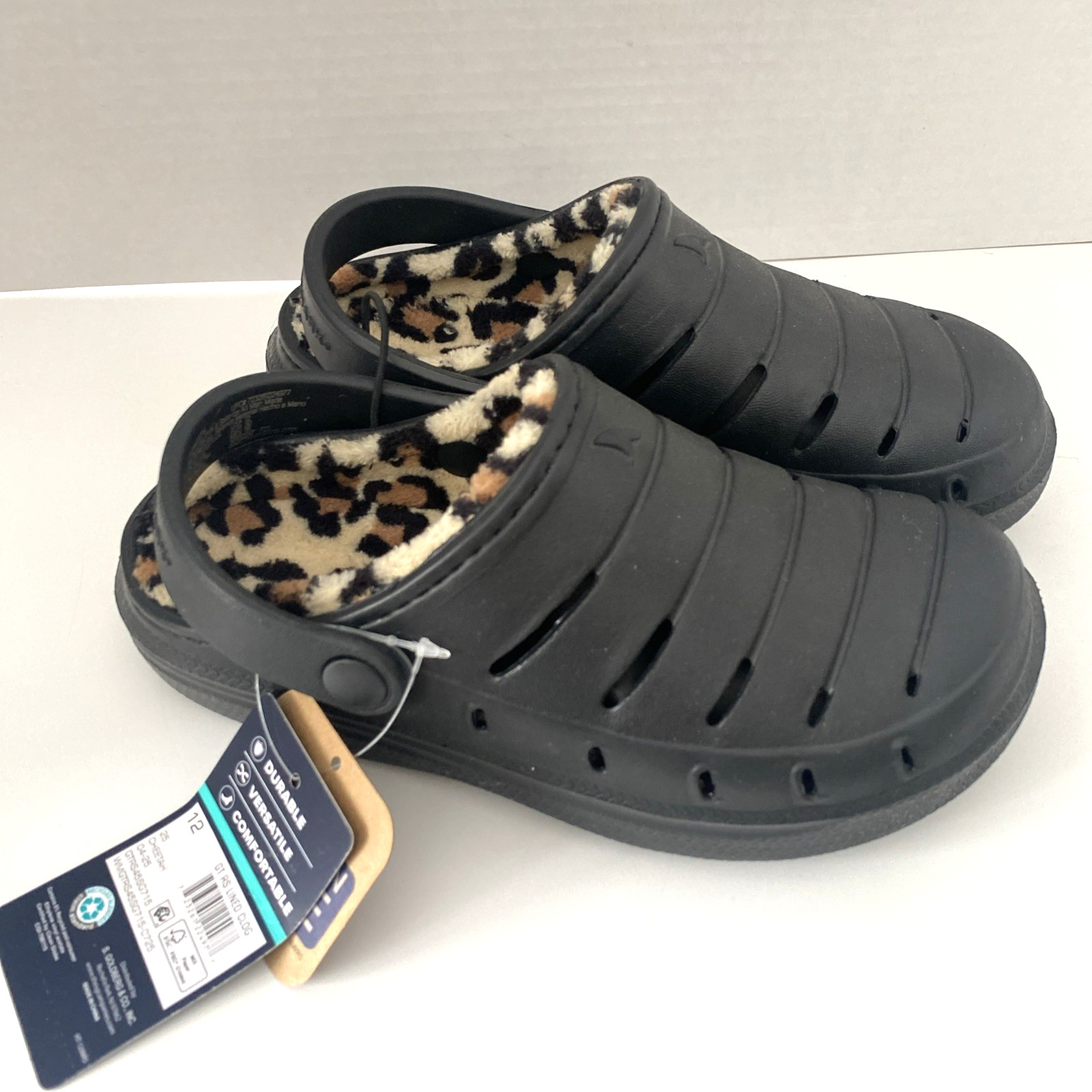 Rugged Shark Youth Girl’s Cheetah Print Lined Clog Sandals Black Size 12