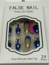 NAIL DECOR /ART BOX OF 24 FALSE NAILS ROYALBLUE GOLD AND DIAMONTE F.51