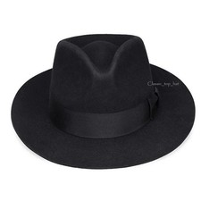 Classic Black 100 Wool Stiff and Snap Brim Felt Fedora Trilby Hat With Wide Band