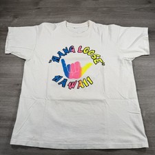 Vintage Hang Loose Hawaii Shirt Mens Large White Neon Surf Shaka Graphic 90s
