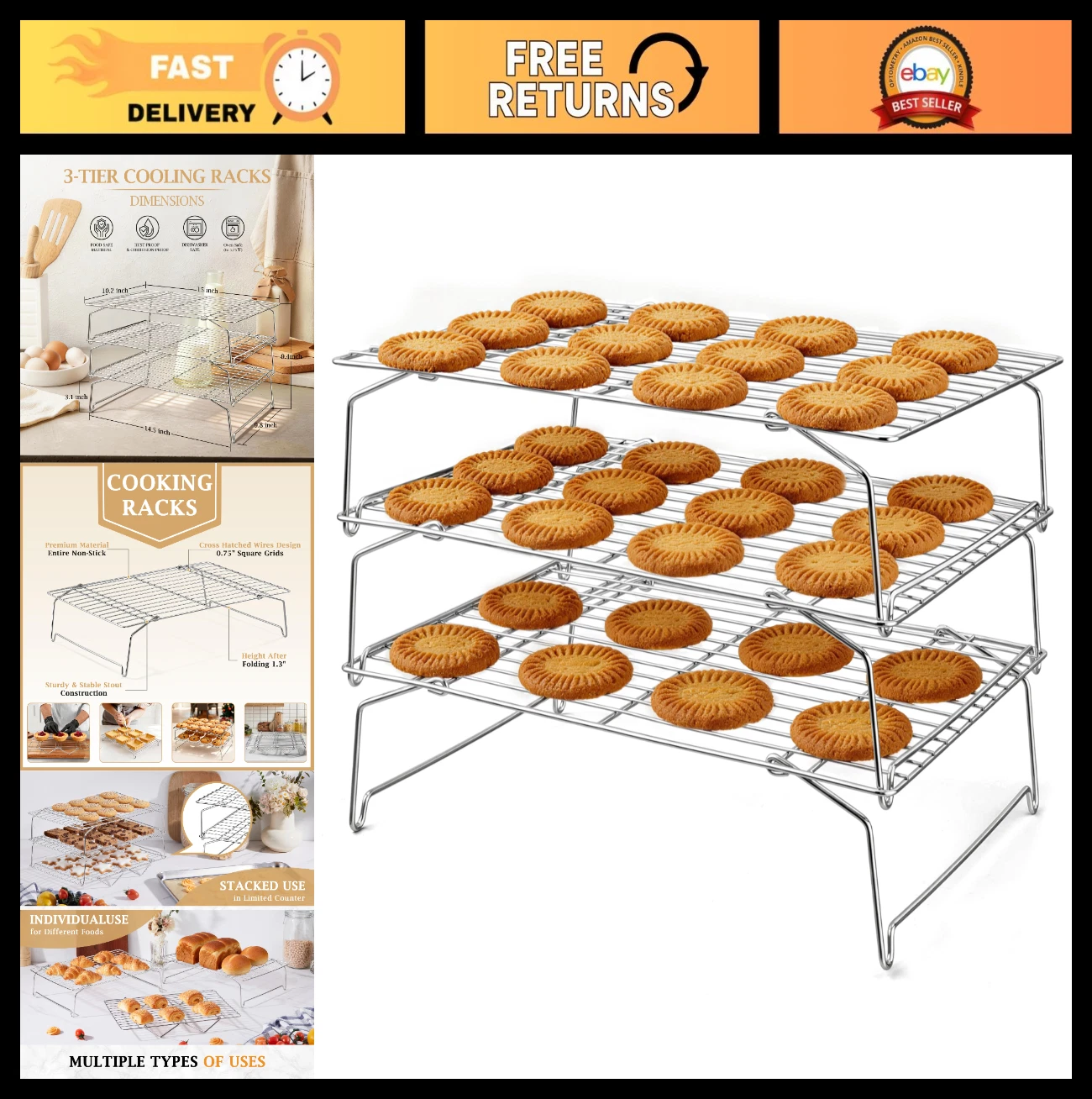 3-Tier Stackable Cooling Rack 15"x10" - Collapsible Stainless Steel Baking Rack
Opens in a new windo