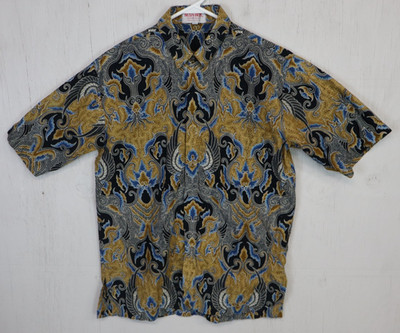 Nusa Dua Batik 3 Pocket Button Front Shirt Brown Black Blue Paisley M 15 1/2