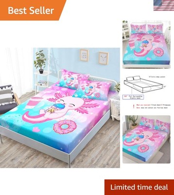 Axolotl Fitted Sheet Cute Animal Bedding Set Toddler Room Decor for Girls Des...