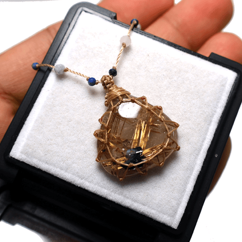 Impresionante collar de cristal hecho a mano de cuarzo rutilo dorado estrella de hematita natural - Imagen 8 de 11