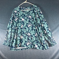 Chico's Women's Tunic Top Size XL 3 Blue Green Floral Long Sleeve Smocked Cuff