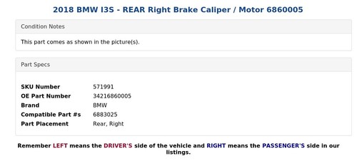 2018 BMW I3S - REAR Right Brake Caliper / Motor 6860005 - Picture 5 of 6