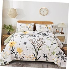 Floral Quilt Set Size, Yellow White Botanical Flower Quilt 3 King Sage Green
