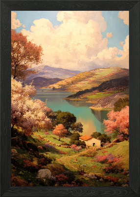 Idyllische Landschaft am See Gemälde gerahmt Wandbild Poster Leinwanddruck Bild