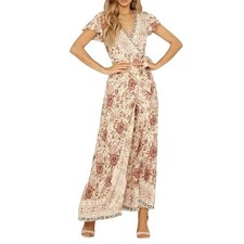 Womens Boho Floral Print Maxi Wrap Dress Ruffled Cottagecore Romantic