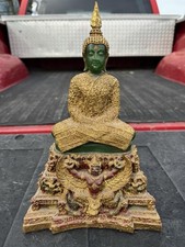 Gold and Green Seated Buddha Statue Ornate Base Buddhist Collectible