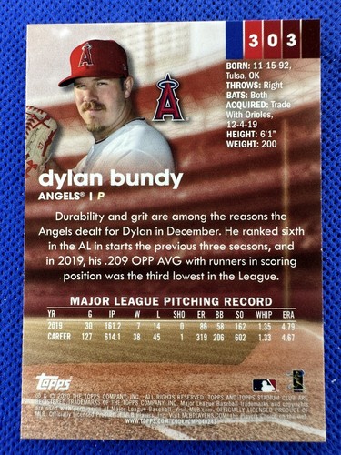 2020 #303 Dylan Bundy Topps Stadium Club cromado béisbol Los Angeles Angels - Imagen 2 de 2
