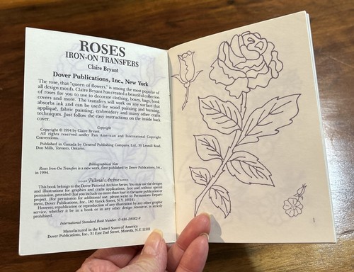 VTG ROSES Iron-on Transfers c. 1994 Claire Bryant Dover Little Transfer Book NEW - Photo 2/7