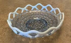 Vintage Imperial Glass Bowl Katy Blue Lace Edge Button Sugar Cane Depression Era