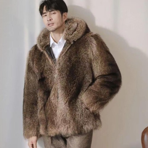 Elegant Men's Real Raccoon Fur Hooded Fashion Coat Thick Warm Luxury Overcoat - Picture 3 of 6