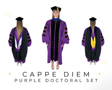 Purple Doctoral Regalia Deluxe Set  Doctoral Gown w/Gold Piping, Hood  Tam