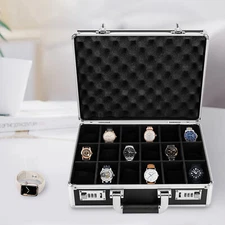 18 Slots Locking Display Briefcase Watches Collectors Display Storage Watch Box