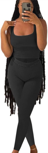 Casual Workout Sets 2 Piece Outfits for Women Ribbed Crop Tank Top High Waist Yo