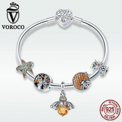 Voroco Queen of Bee 925 Solid Silver Bracelet With CZ Charm Snake Chain Jewelry