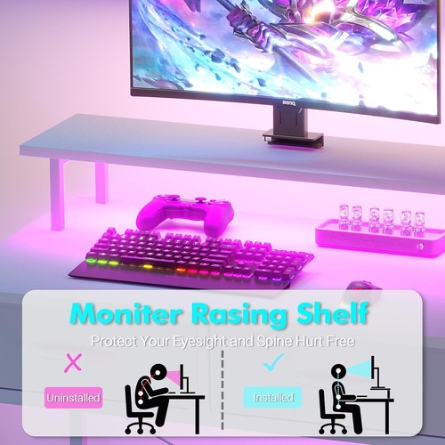 120cm Gaming Desk LED Lights Reversible Printer Shelf Computer Table White - Picture 8 of 9