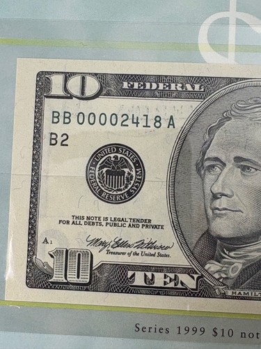 Low Numbered Uncirculated  1999 $10 Note in BEP Folder BB00002418A - Picture 3 of 6