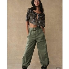 NEW Free People Sloane Belted Wide Leg Baggy Pants XS Green Herringbone Utility