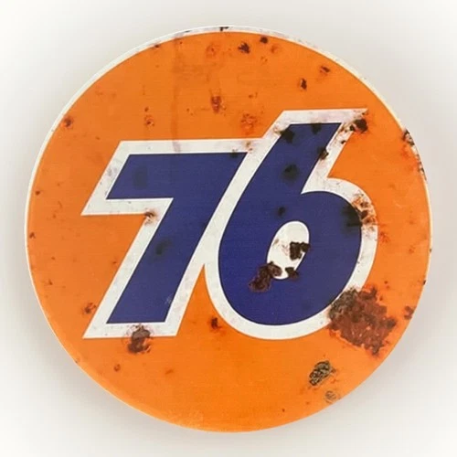 Vintage-Style Round Sign Featuring 76 Gasoline And Motor Oil, 12” Metal Sign