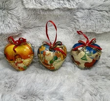 3 Vintage Heart Shaped Christmas Ornaments Decoupage Style Santa Angels Sleigh