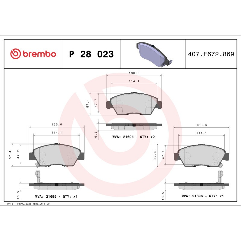 BREMBO P 28 023 Brake Pads Set Front for Civic City CRX Airwave Integra CR-Z Ins