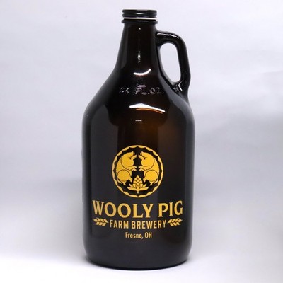 Wooly Pig Farm Brewery 64oz Beer Growler Bottle Brown Glass Fresno Ohio Cap